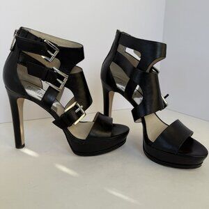 Michael Kors Lucinda Black Leather Zip Back Open Toe Heels Shoes